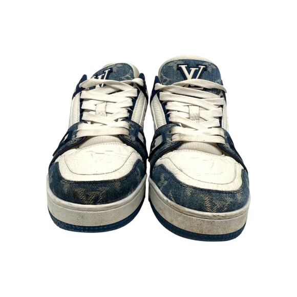 Louis Vuitton Leather Denim Monogram LV Trainer Sneaker Blue White Size 3.5 - Picture 3 of 16
